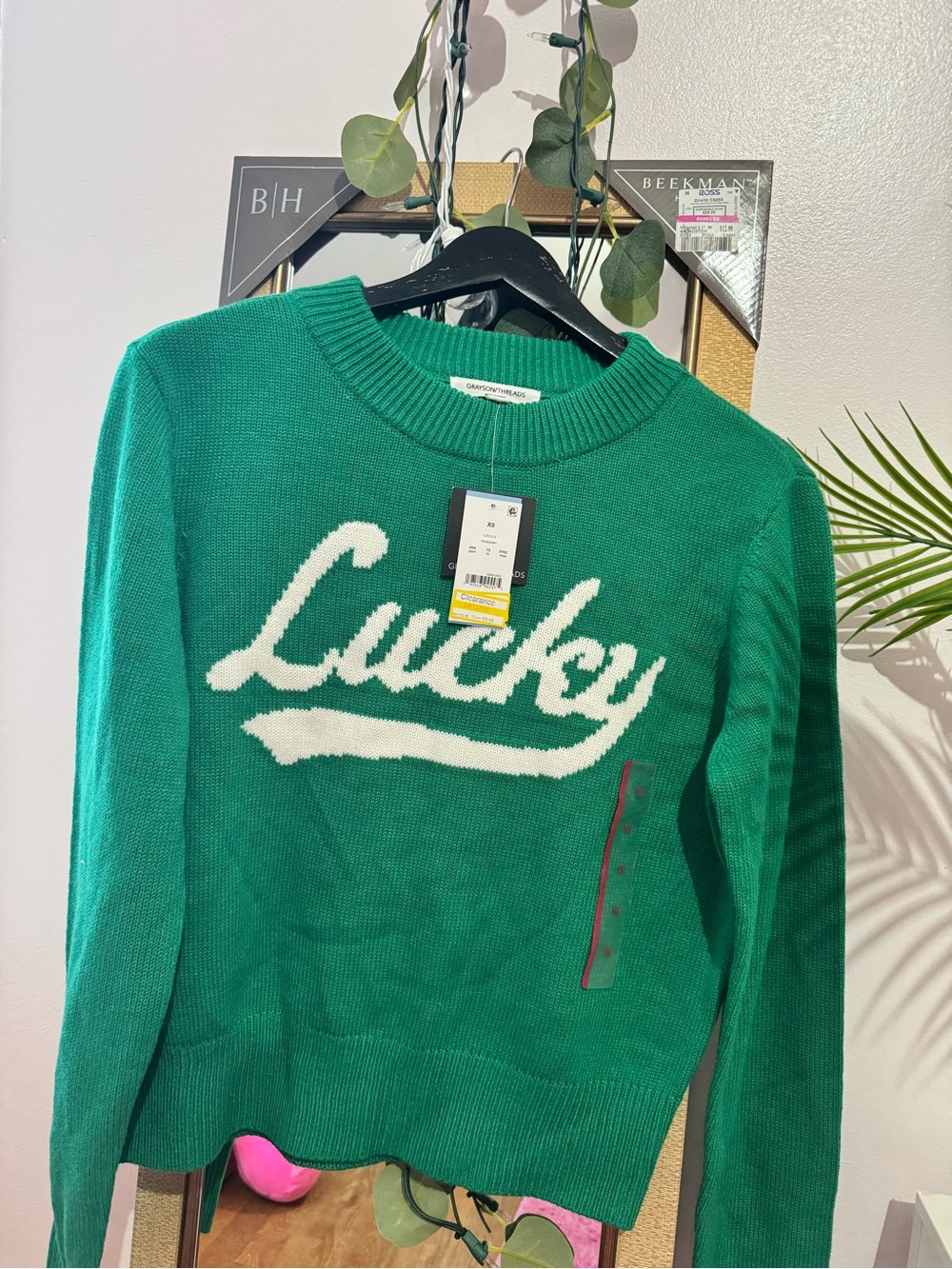 Grayson Threads Green Crewneck Sweater with White "Lucky" Script